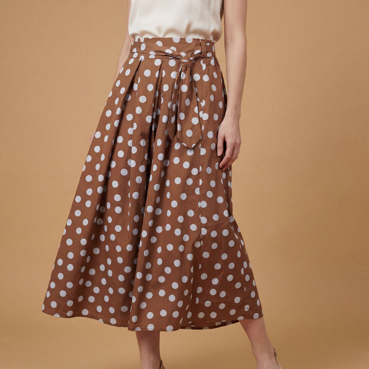 Polka dot midi skirt with tie belt – tdm05126 