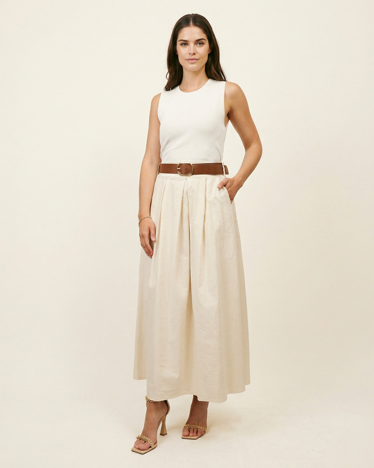 Pleated elasticated waist midi skirt with belt tdm19323 11