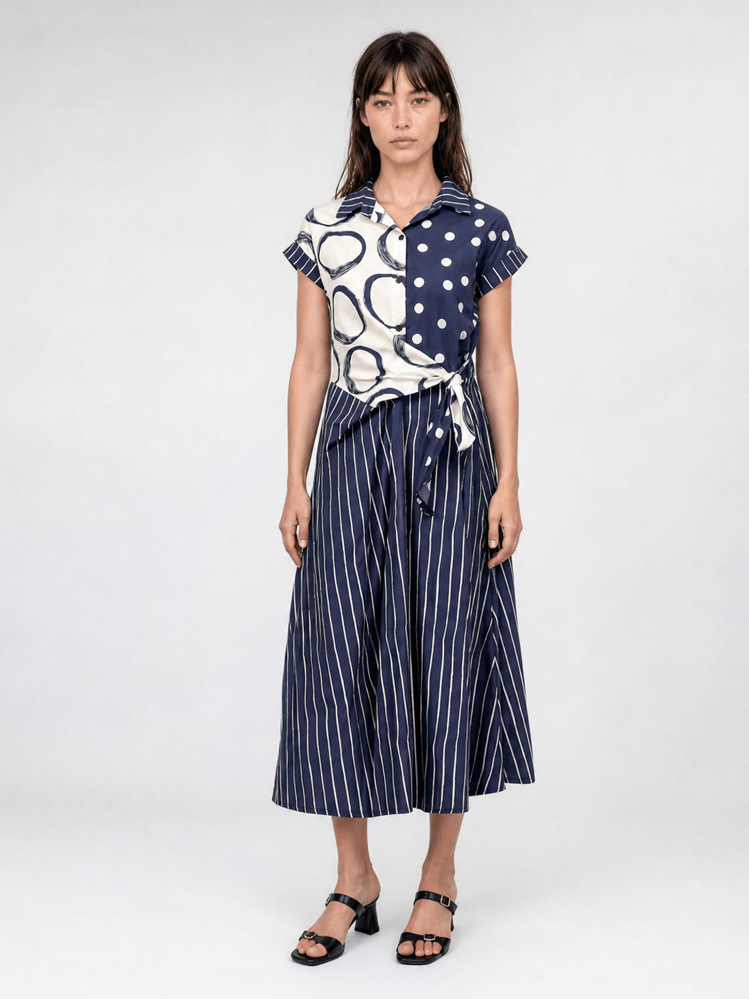 Robe coton mix d’imprimés à taille nouée TDM23824-6