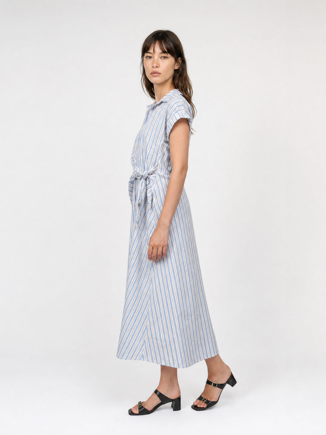 Robe midi rayée en coton mélangé à ceinture TDM23824-7