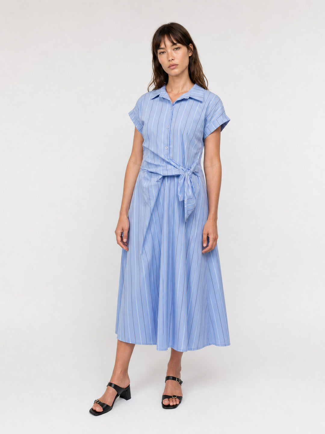 Robe midi rayée en coton mélangé à ceinture TDM23824-8