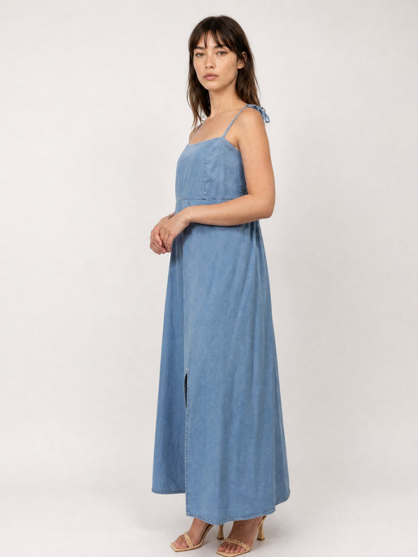 Robe longue en denim de coton à dos smocké TDM30226-2