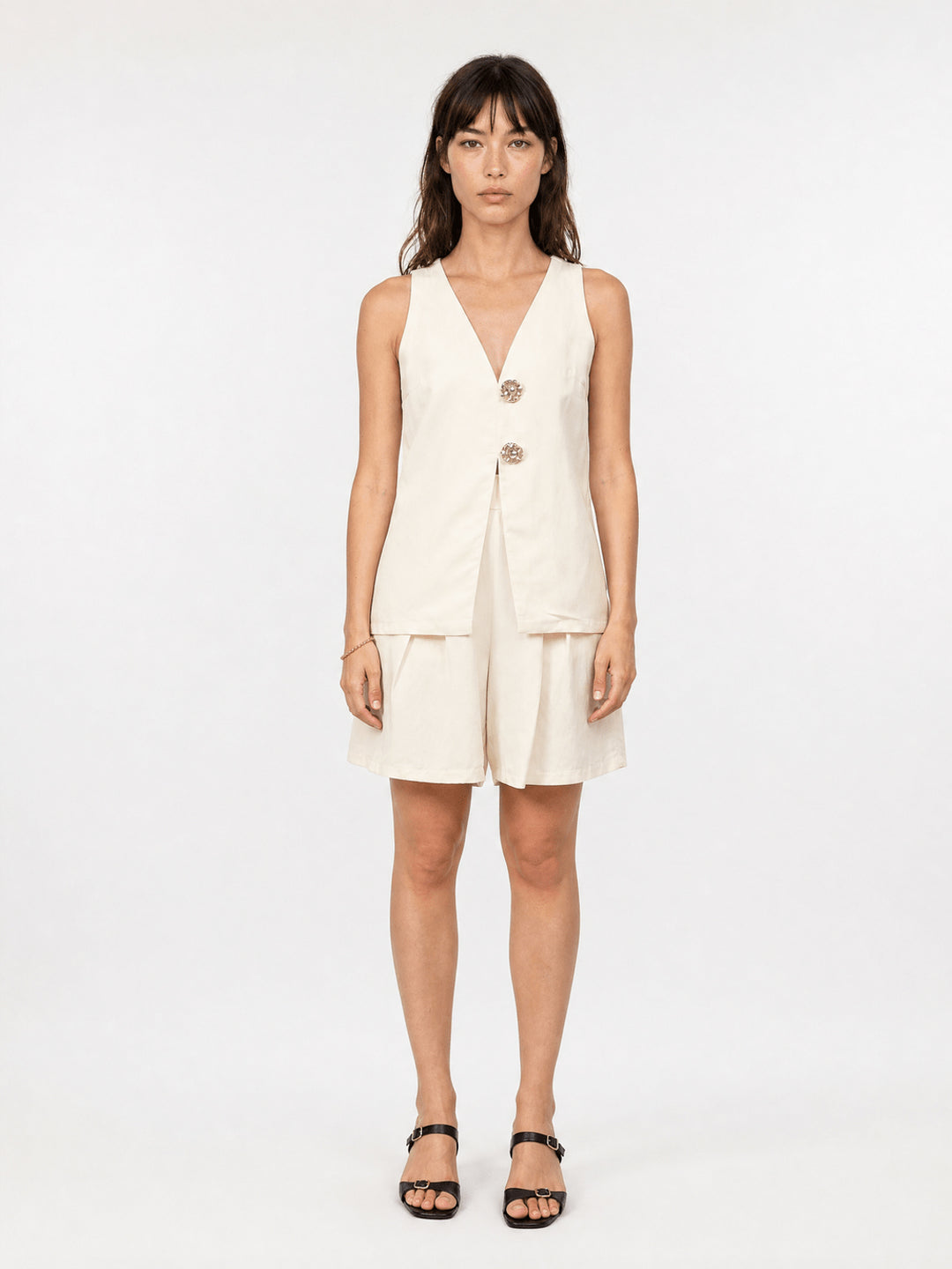 Gilet lyocell-lin col V à boutons bijoux TDM31626