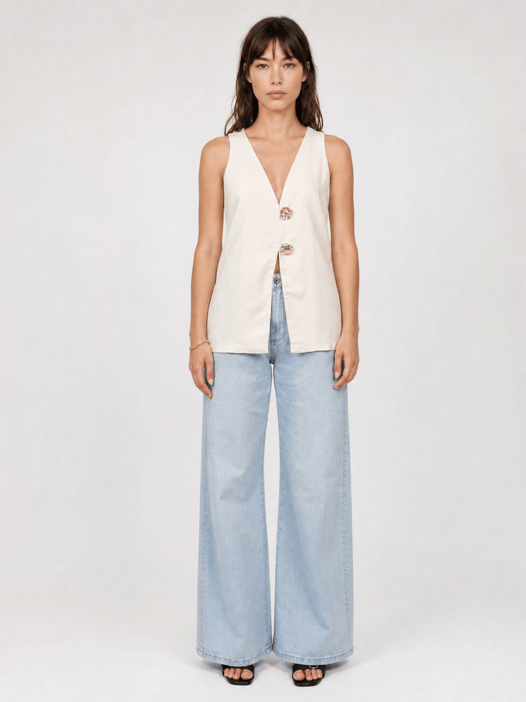 Gilet lyocell-lin col V à boutons bijoux TDM31626