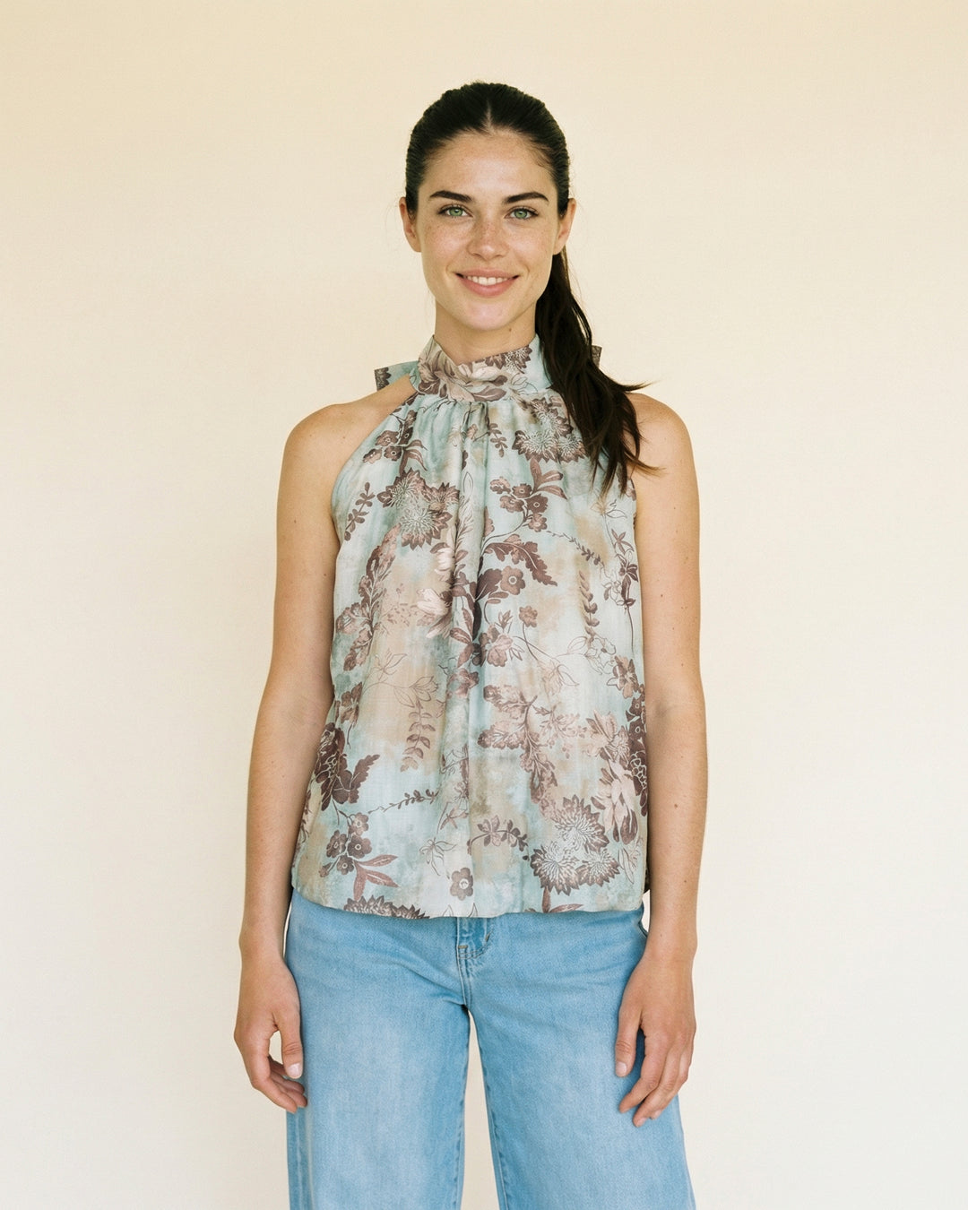 High-neck floral top with tie-back TDM50225-3
