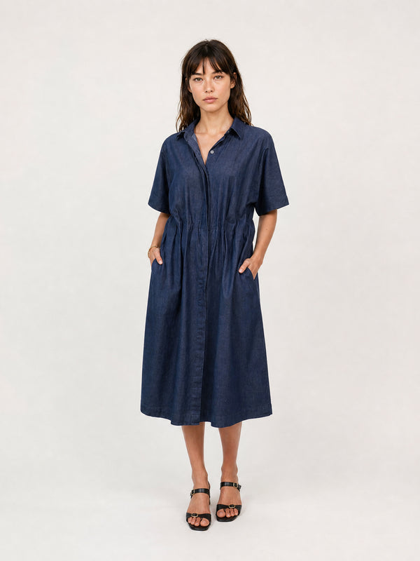 Robe chemise en denim à taille élastiquée TDM50226