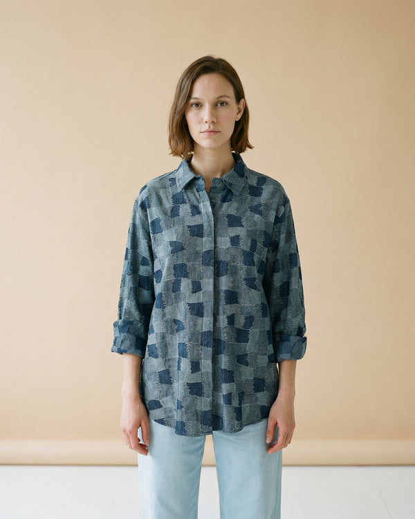 Indigo patchwork fluid-cut shirt TDM50320-69