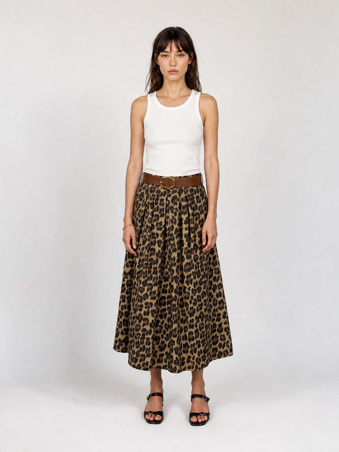 Jupe midi en coton stretch imprimé léopard TDM52123-28