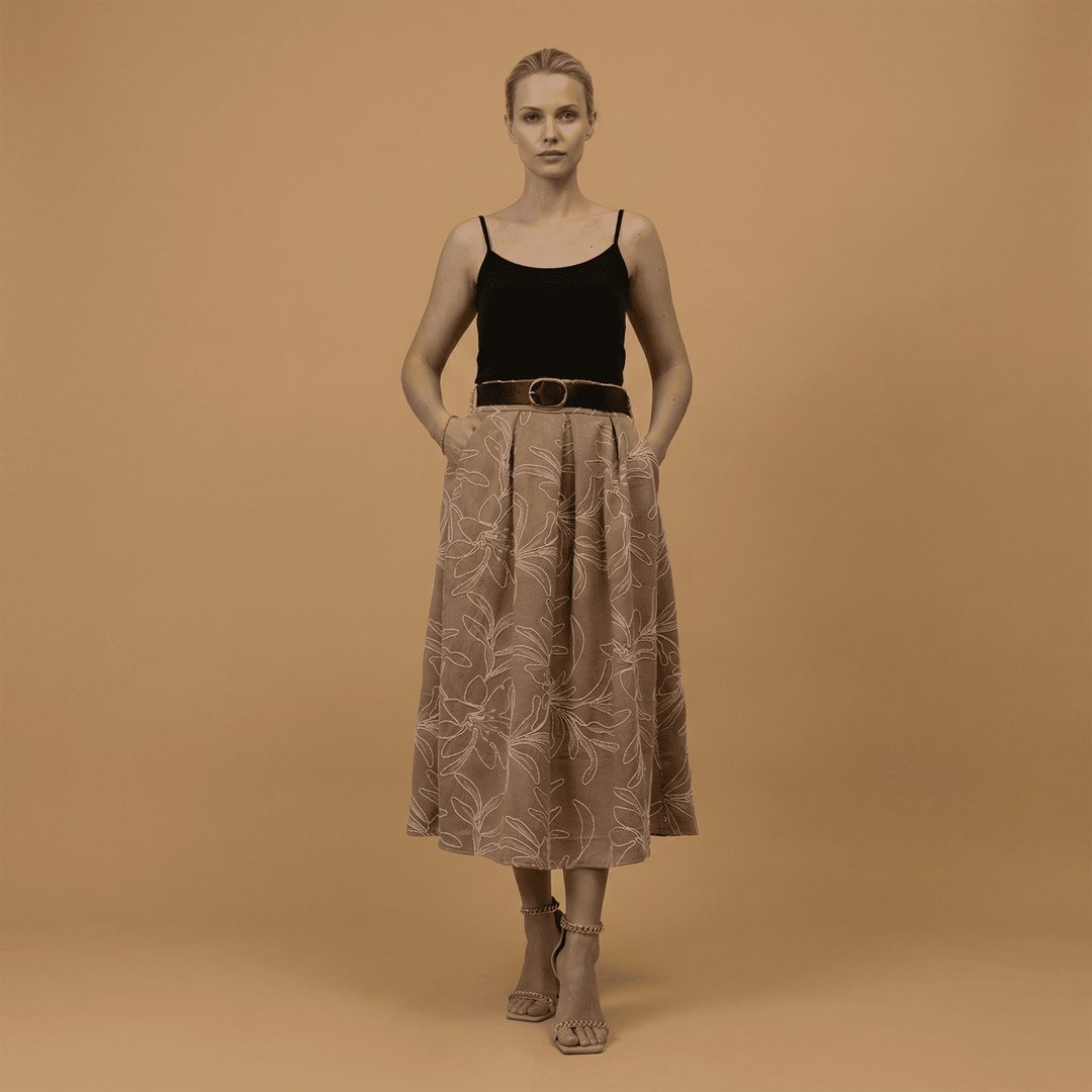 Embroidered suede-effect belted skirt TDM52123-40