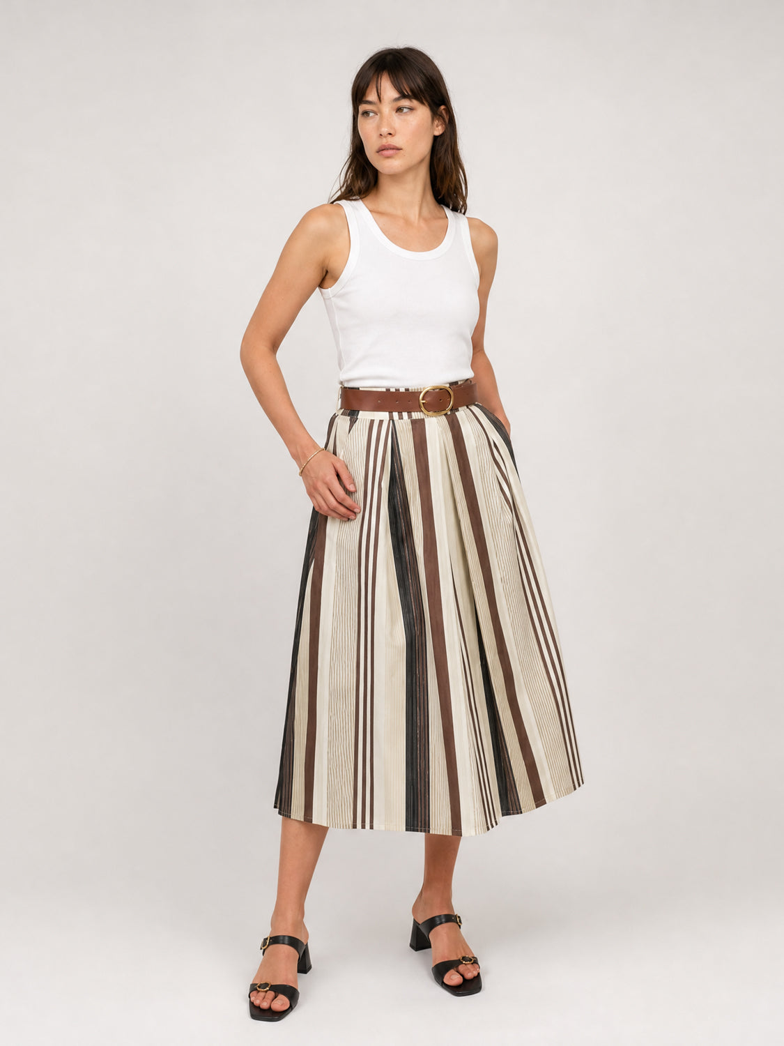 Jupe évasée en coton à rayures ceinturée TDM52123-42