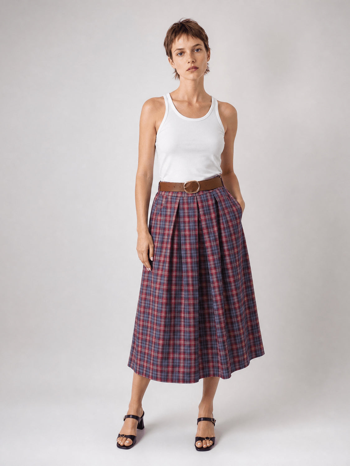 Jupe midi en coton à carreaux, ceinturée TDM52123-54