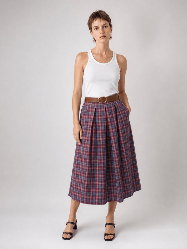 Jupe midi en coton à carreaux, ceinturée TDM52123-54