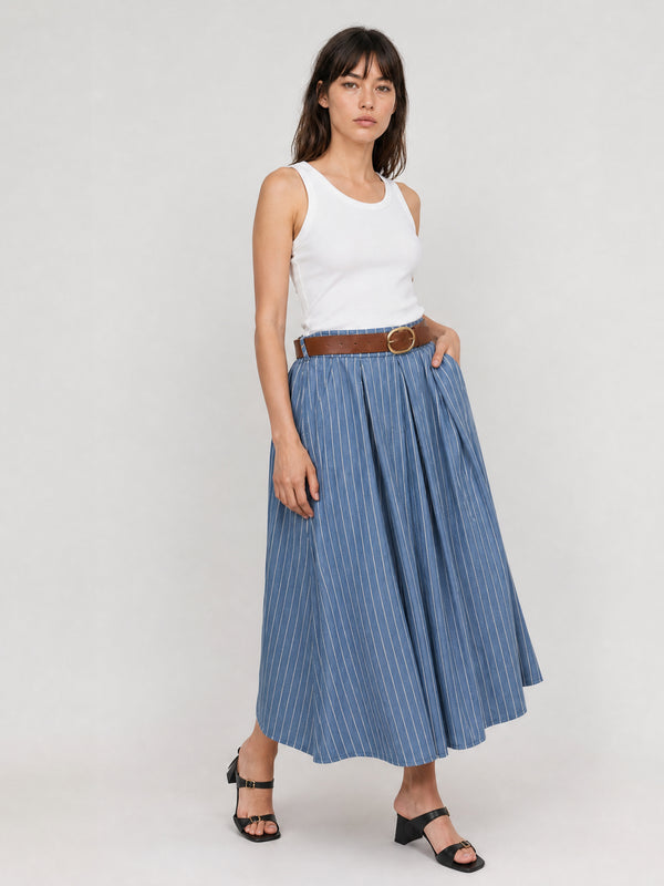 Jupe midi en coton rayé à taille ceinturée TDM52123CJ29