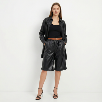 Short culotte effet cuir noir avec ceinture contrastante – TDM52325-2