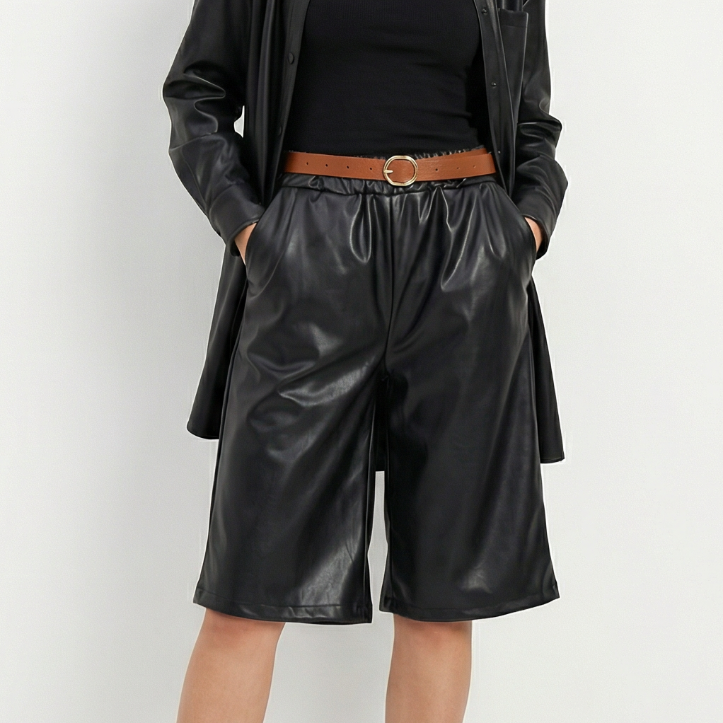 Short culotte effet cuir noir avec ceinture contrastante – tdm52325 2