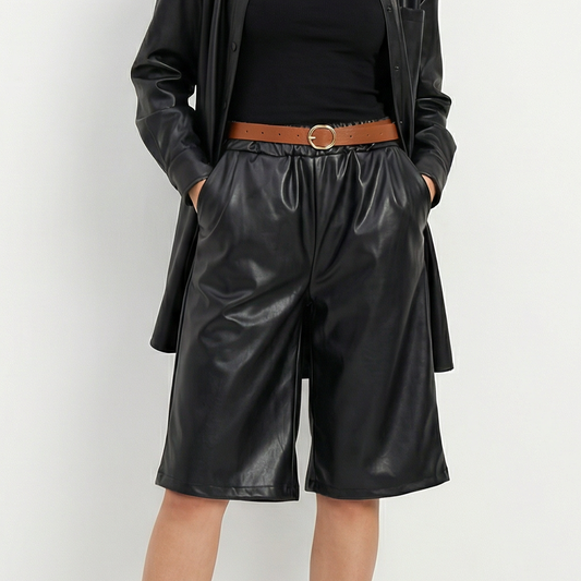 Short culotte effet cuir noir avec ceinture contrastante – TDM52325-2