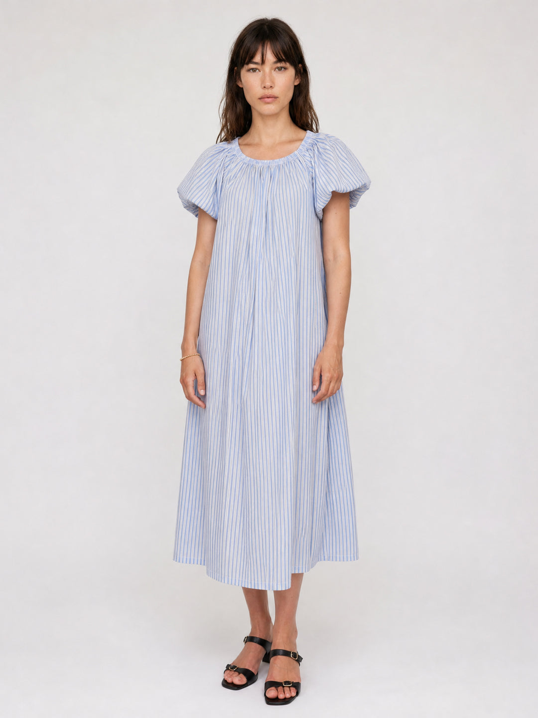 Robe longue rayée légère à col élastiqué TDM55826-1