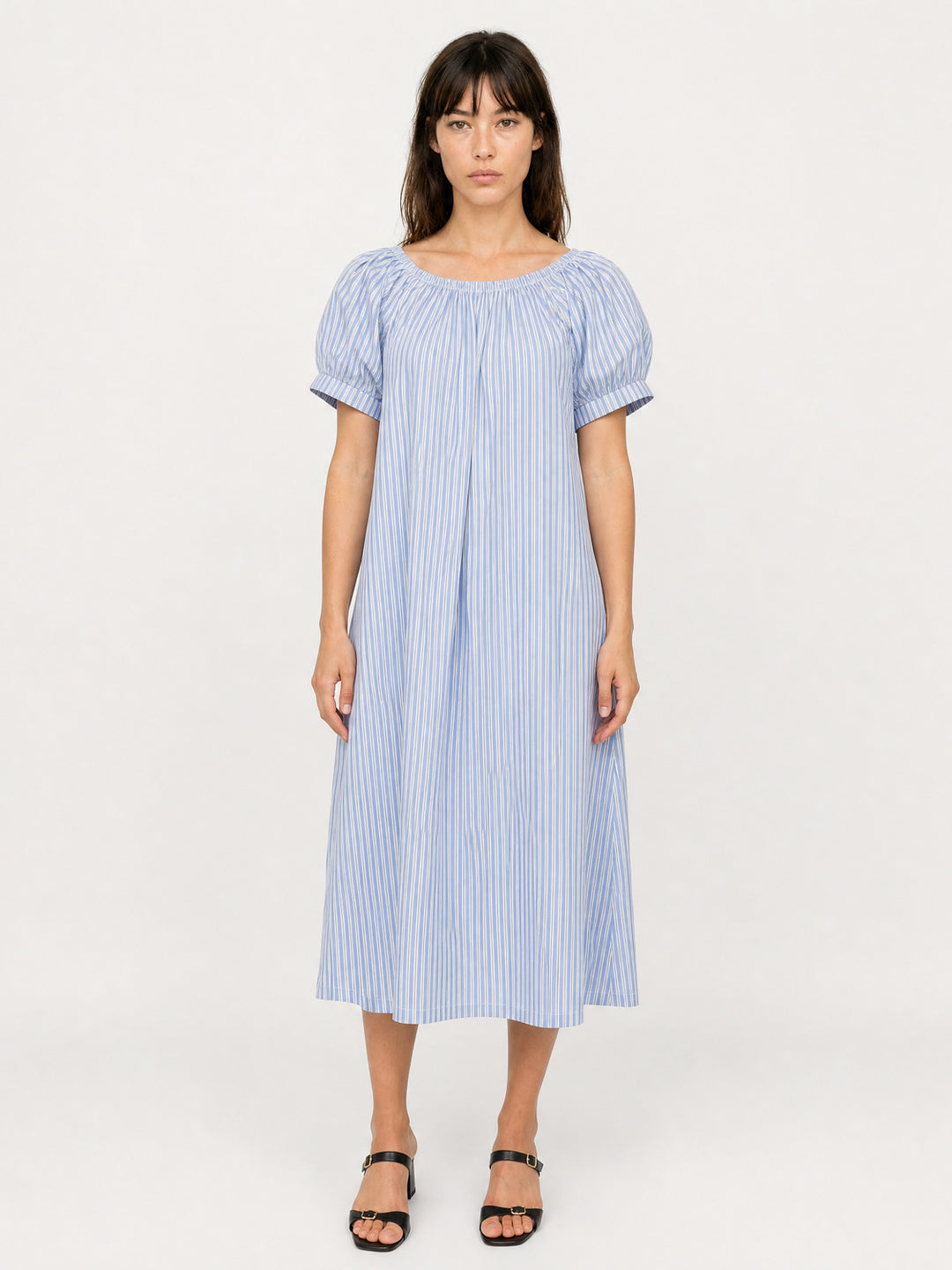 Robe longue rayée légère à col élastiqué TDM55826-1
