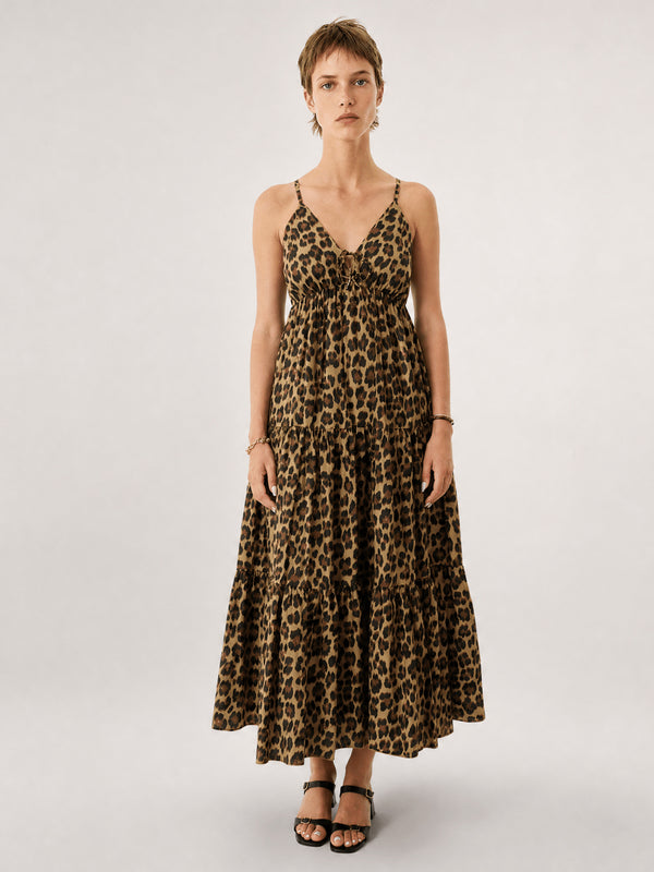 Robe longue en coton imprimé léopard, col V TDM65325-5