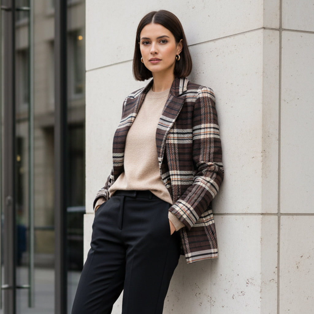 Brown velvet-effect plaid blazer TDM68924-3