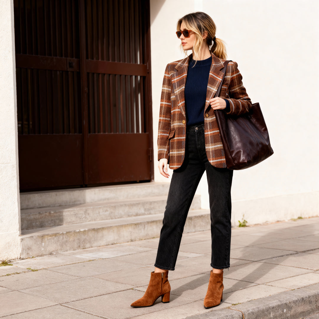 Rust brown velvet-effect checked blazer TDM68924-4