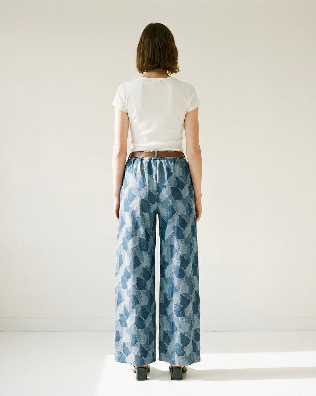 Indigo patchwork trousers with elasticated waist and belt TDM78223-12
