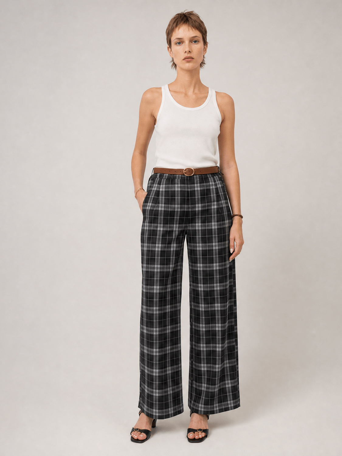 Pantalon large à carreaux ceinturé – TDM78223-16