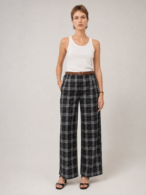 Pantalon large à carreaux ceinturé – TDM78223-16