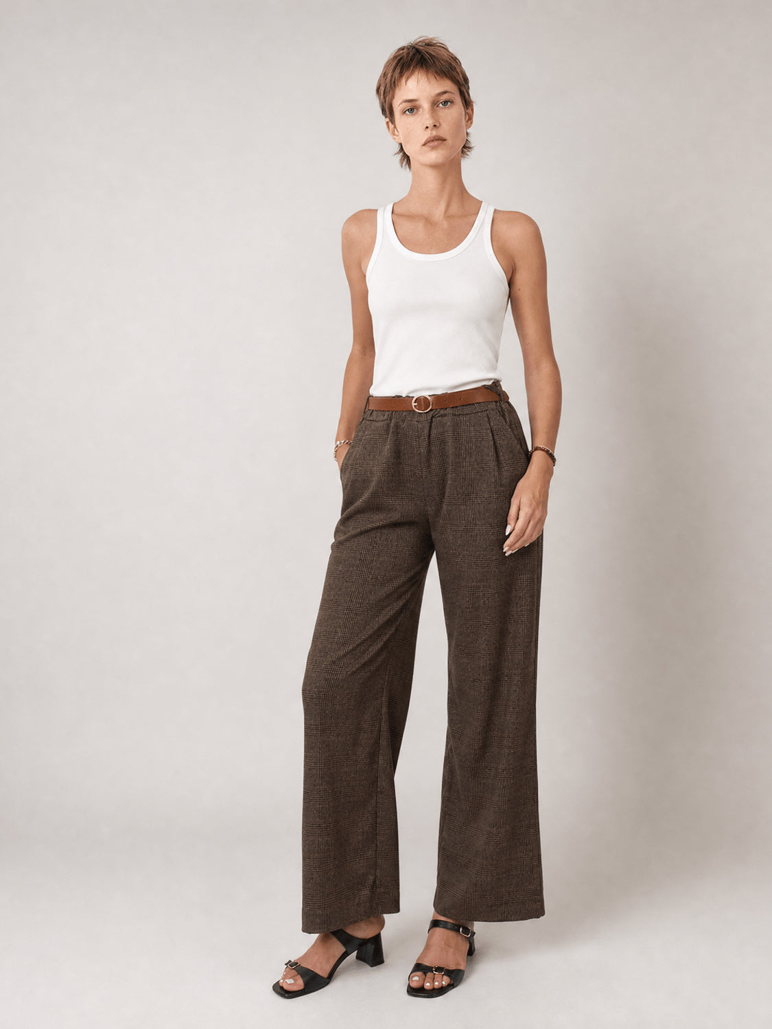 Pantalon large à carreaux ceinturé – TDM78223-17