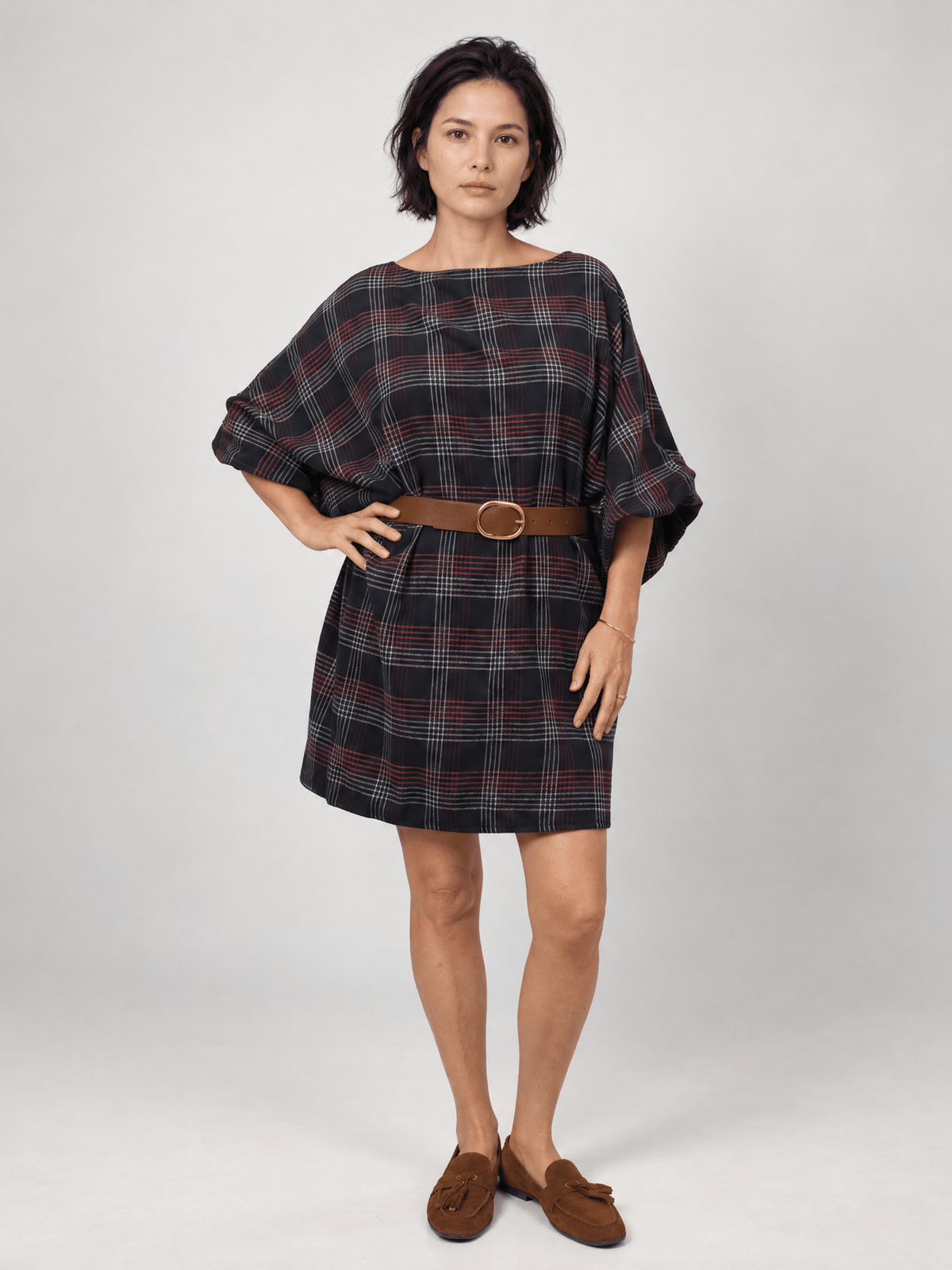 Robe ample à carreaux et manches bouffantes – THS35526QST2