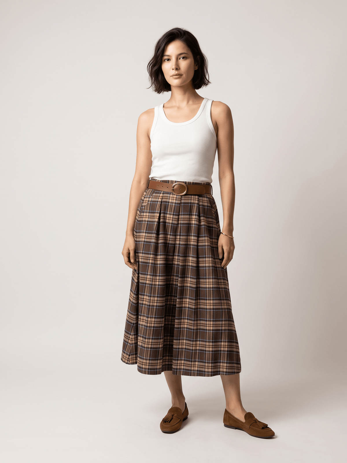 Jupe midi évasée à carreaux et ceinture – THS52123QST1