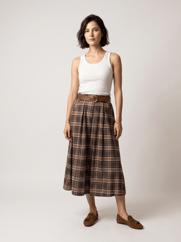 Jupe midi évasée à carreaux et ceinture – THS52123QST1