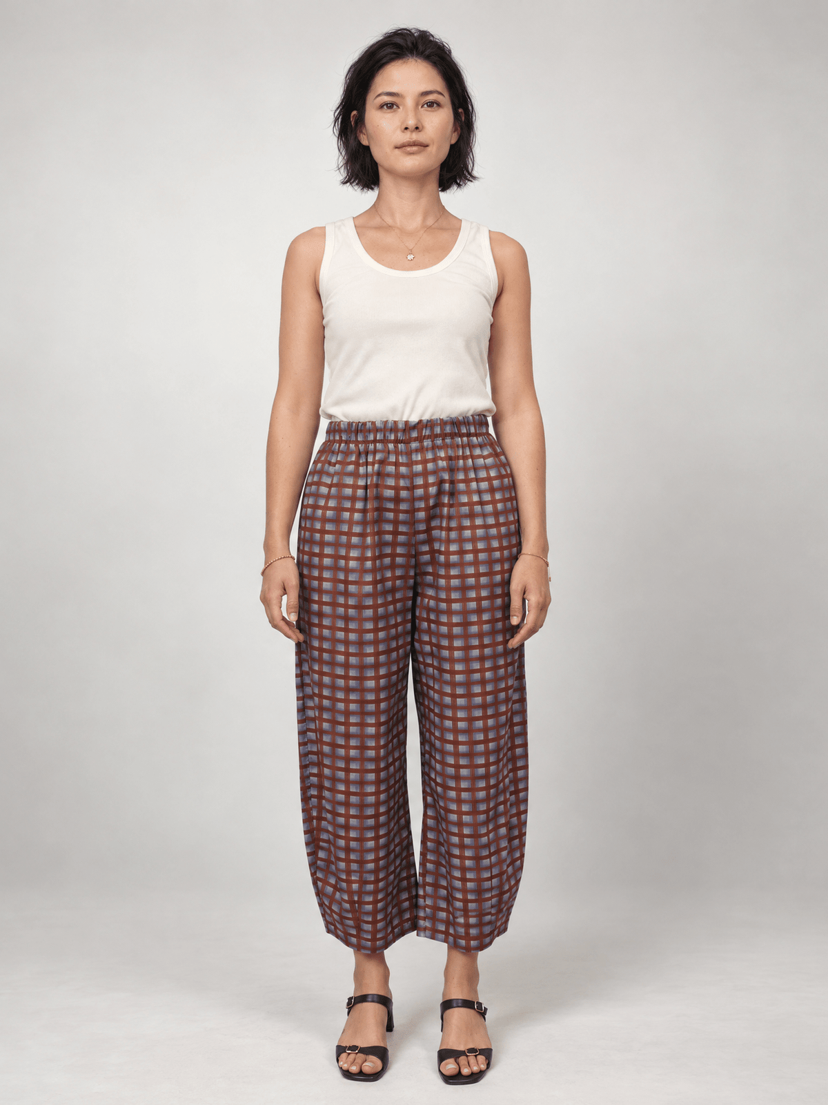 Pantalon en coton à carreaux taille élastiquée — THS67625PC158