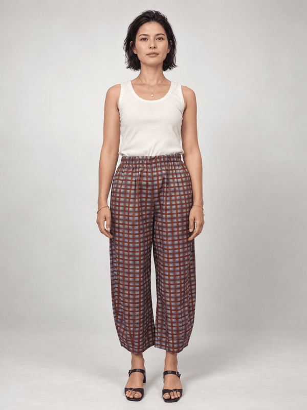 Pantalon en coton à carreaux taille élastiquée — THS67625PC158