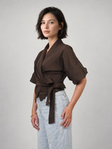 Chemise cache-cœur à manches bouffantes et lien à nouer – THS71126PN