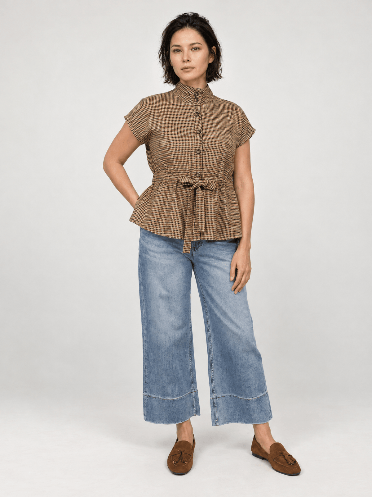Veste légère pied-de-poule à ceinture nouée – THS72626P08