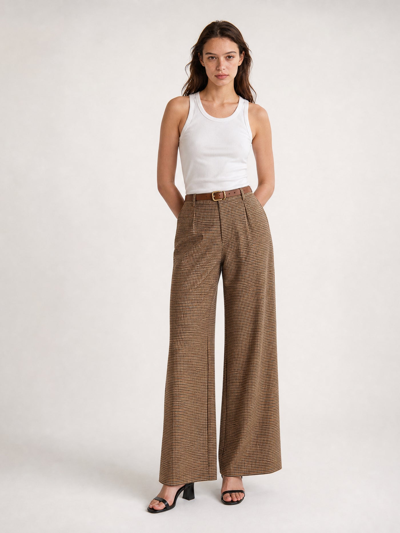 Pantalon large pied-de-poule ceinturé – THS78223-20
