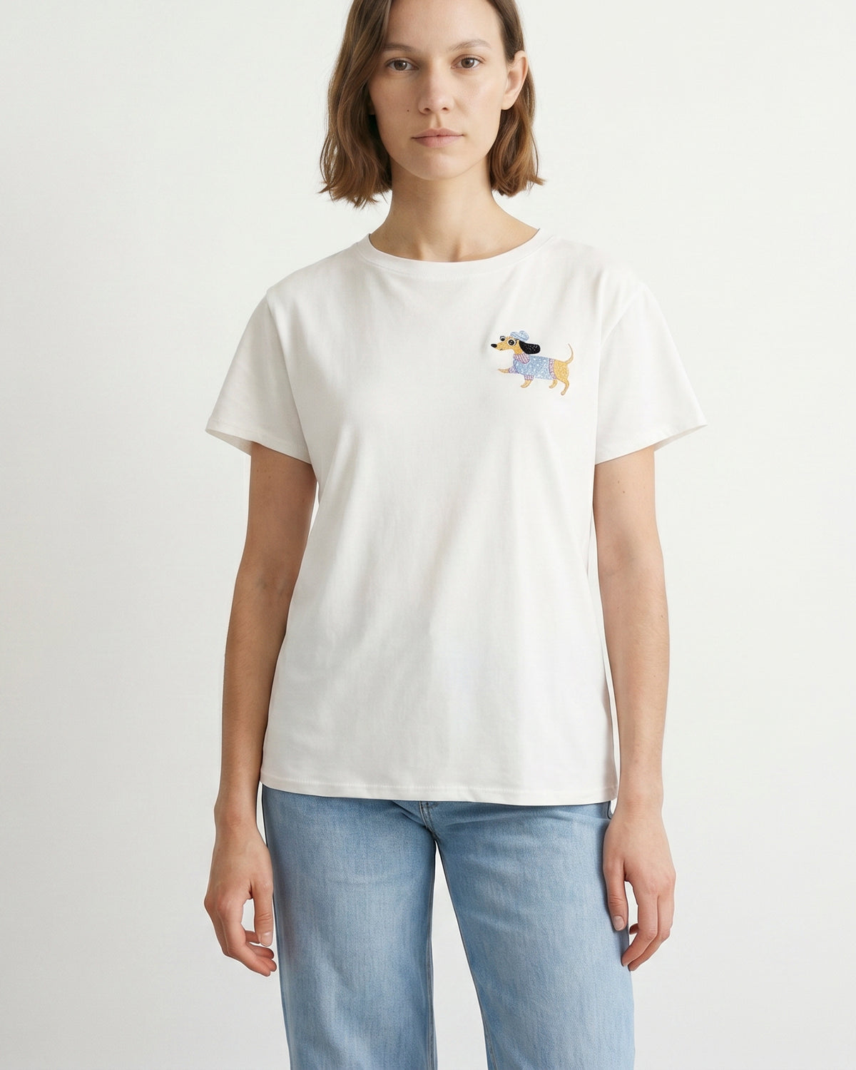 T shirt col rond en coton brodé teckel ycm26188 2