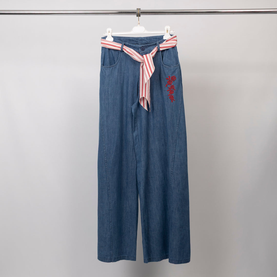 Embroidered denim trousers with scarf belt – BCG03324