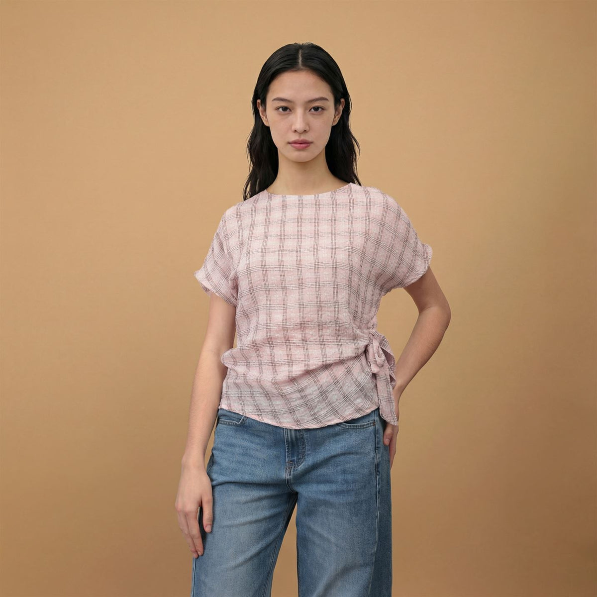 Top à carreaux noué sur le côté tdm09026